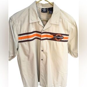 Harley Davidson MotorClothes Racing Stripe Shirt Mens L Tan Orange Button Up